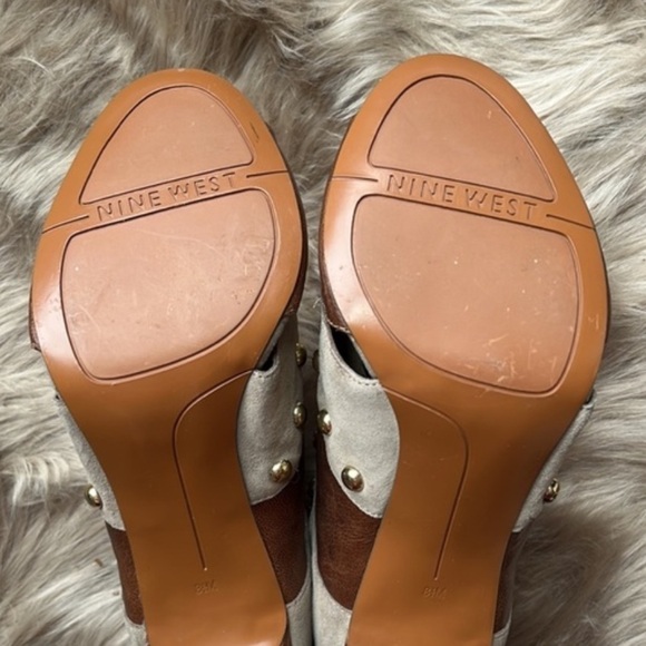 Nine West Gold Studded Tan Open Toe Heels - Picture 5 of 8